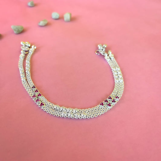 Silver Payal(Anklet) with Floral Pink Stone