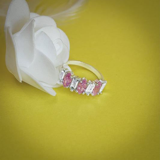Stylish Silver Ring with Pink and American Diamond Stones