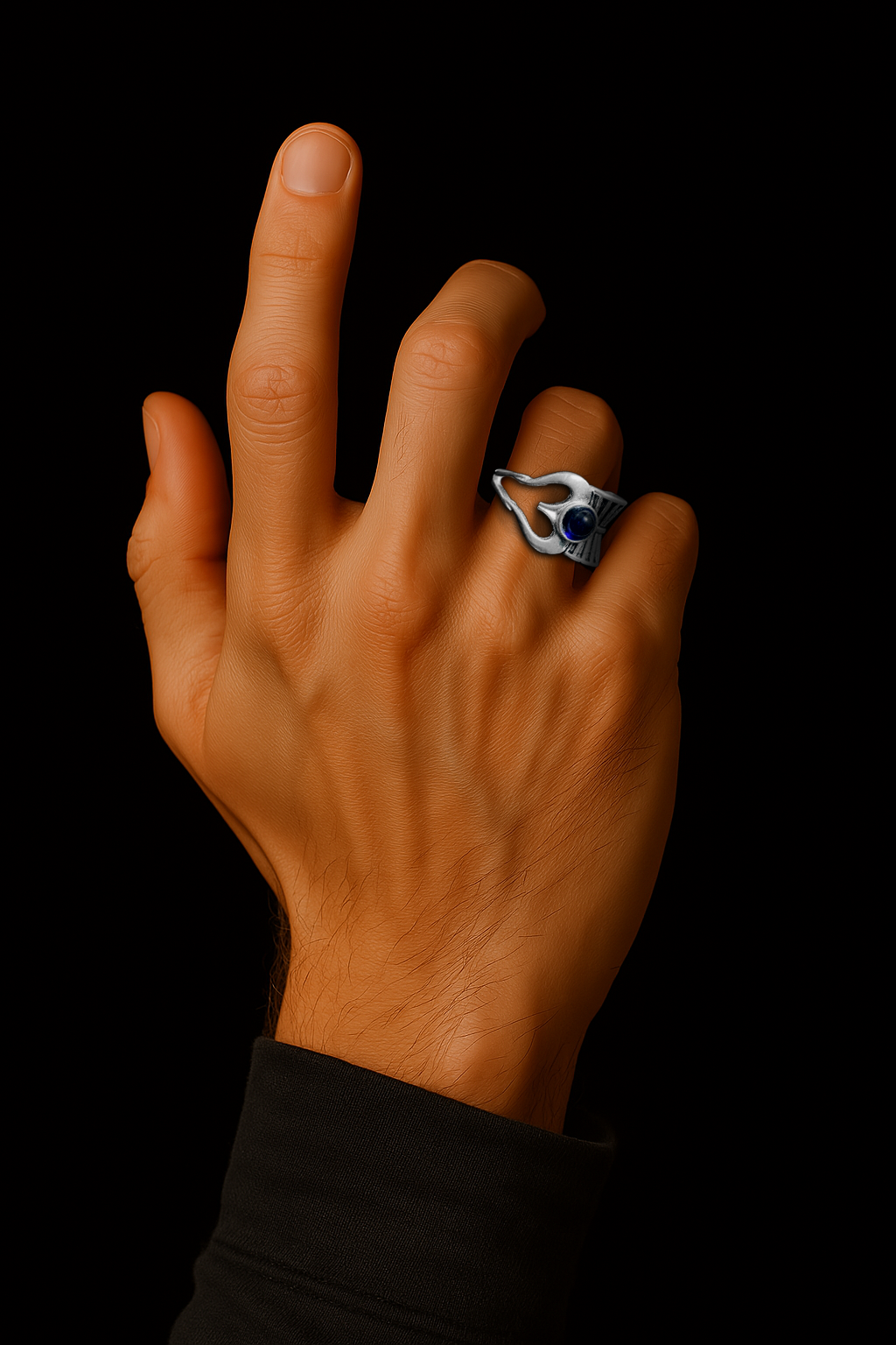 Men's Spiritual Lord Shiva Trishul Damru Silver Ring with Blue Stone / Rudraksha Bead - Adjustable Divine Ring for Men