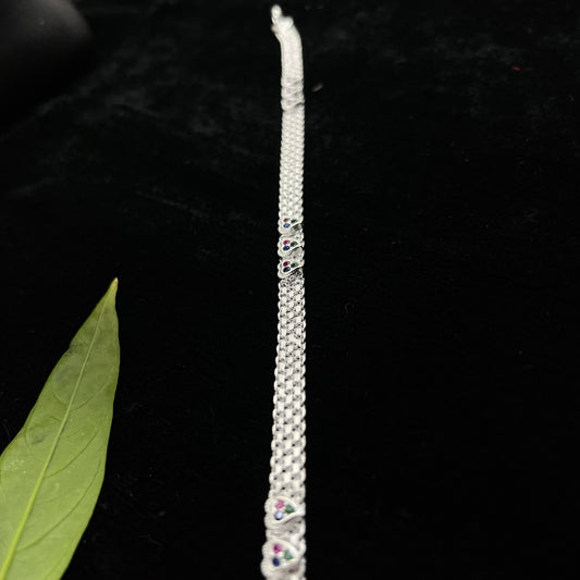 Silver Heart Payal(Anklet) with Colored Stone Detailing