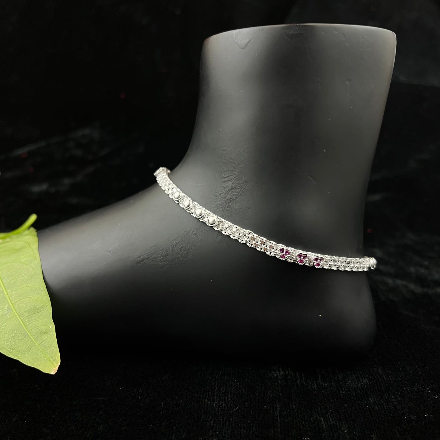Silver Payal(Anklet) with Floral Pink Stone