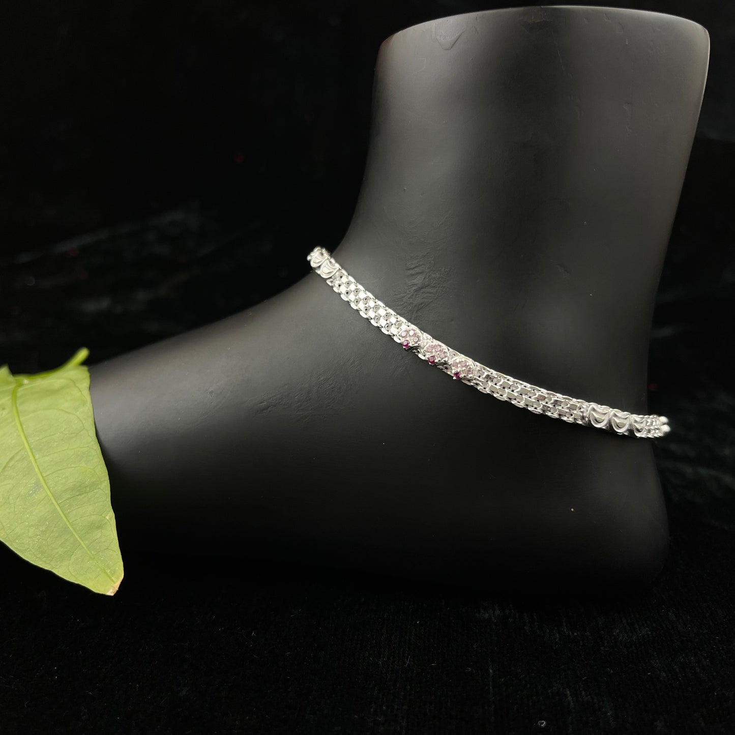 Silver Payal(Anklet) with Pink Stone Detailing
