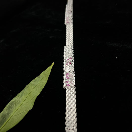 Silver Payal(Anklet) with Paisley & Magenta Stone Accents