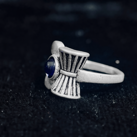 Men's Spiritual Lord Shiva Trishul Damru Silver Ring with Blue Stone / Rudraksha Bead - Adjustable Divine Ring for Men