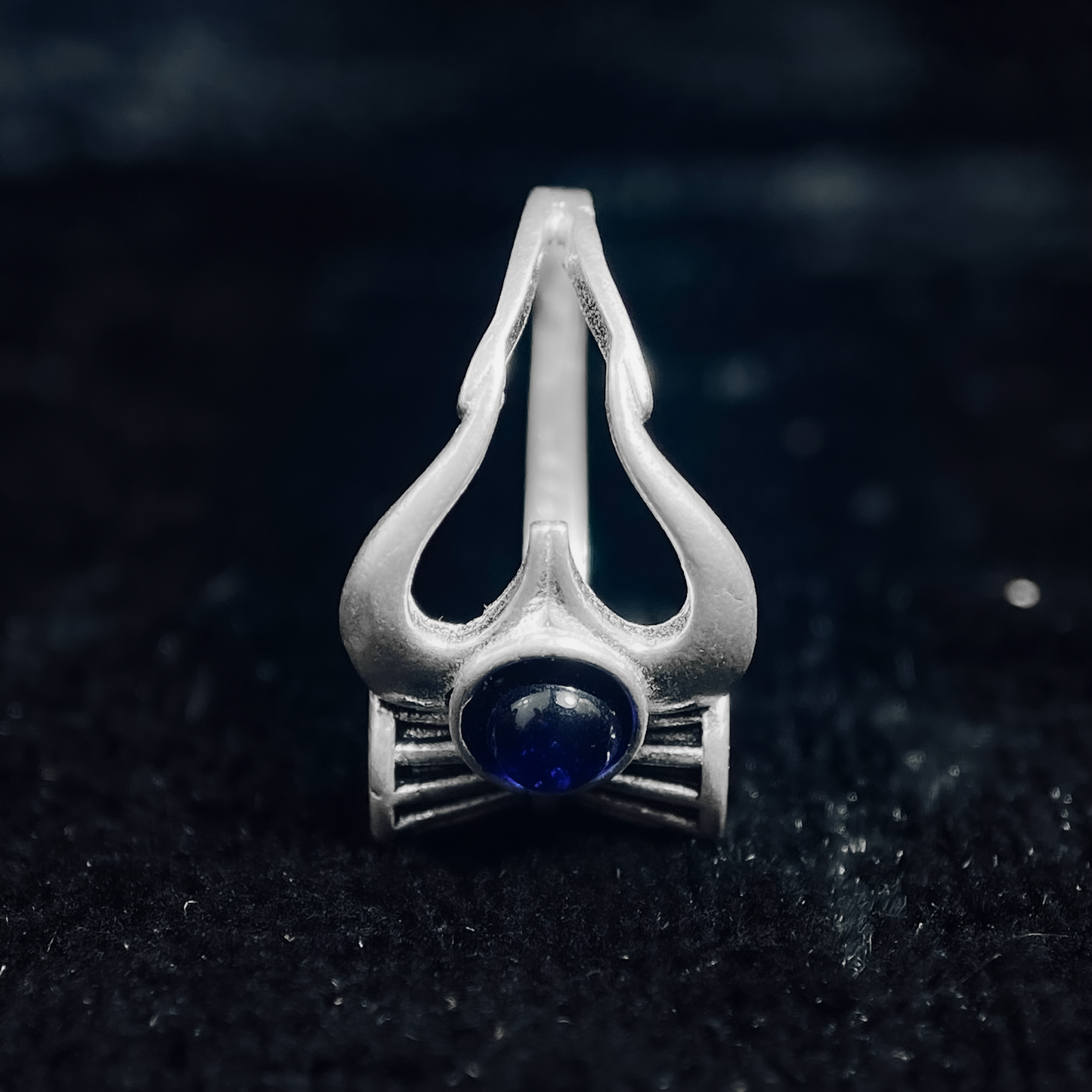 Men's Spiritual Lord Shiva Trishul Damru Silver Ring with Blue Stone / Rudraksha Bead - Adjustable Divine Ring for Men