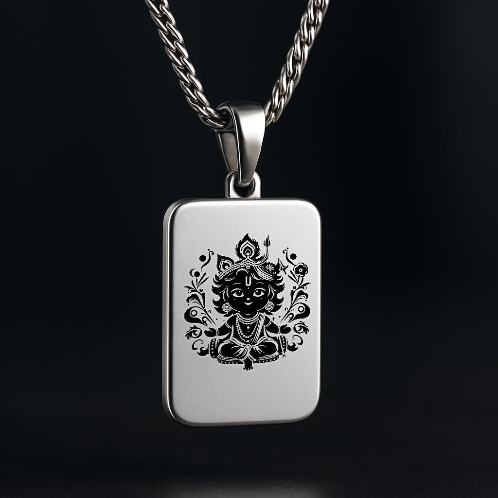 925 Silver Lord Krishna Engraved Pendant – Rectangular Shape