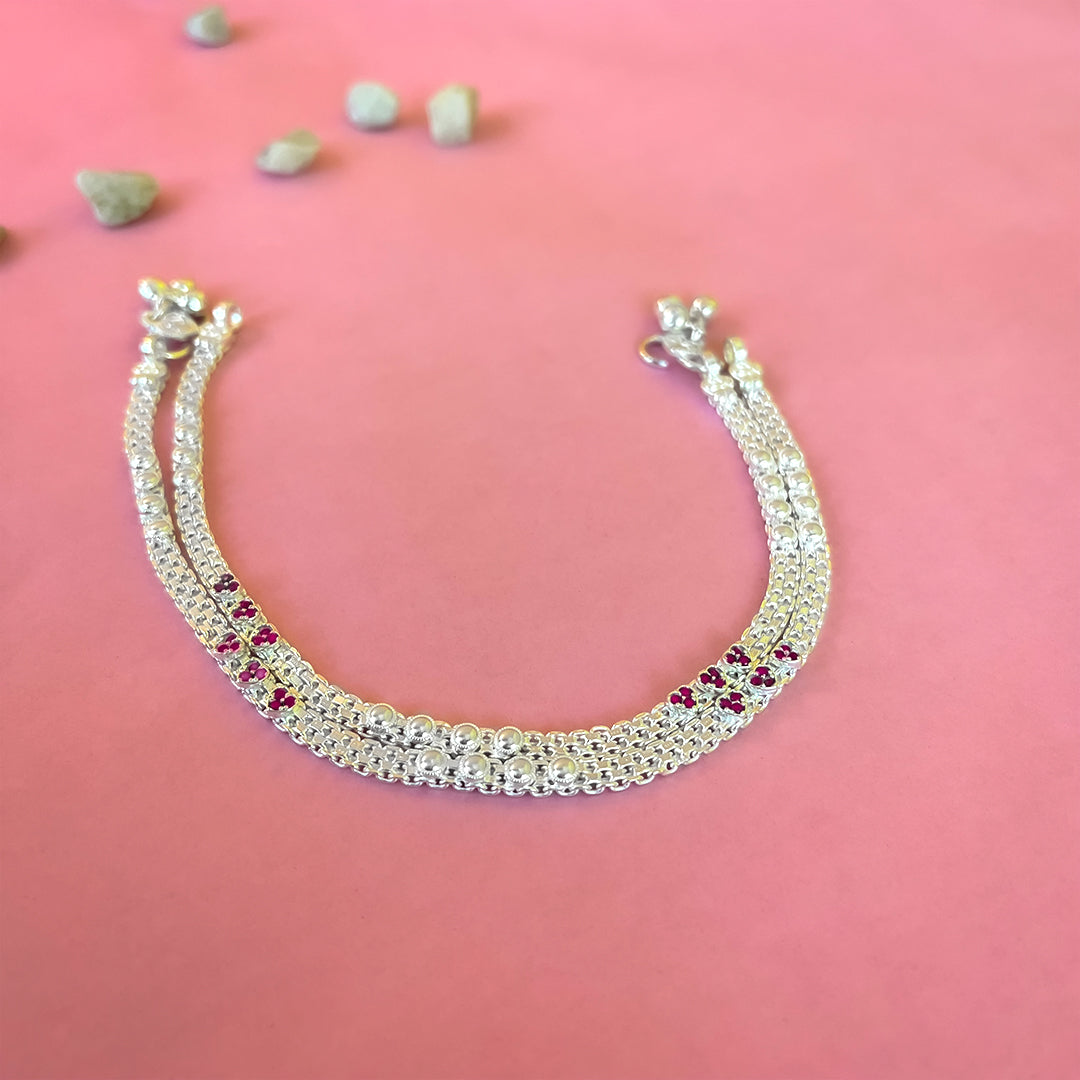 Silver Payal(Anklet) with Floral Pink Stone