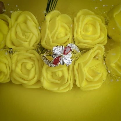 Silver Flower Ring with Red and White Stones – Elegant Women’s Jewelry