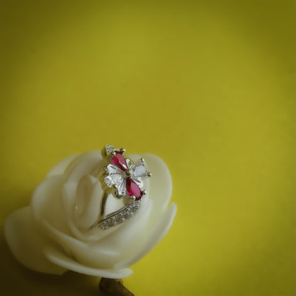 Silver Flower Ring with Red and White Stones – Elegant Women’s Jewelry