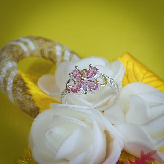 Silver Flower Ring with Pink Stones – Elegant Women’s Jewelry