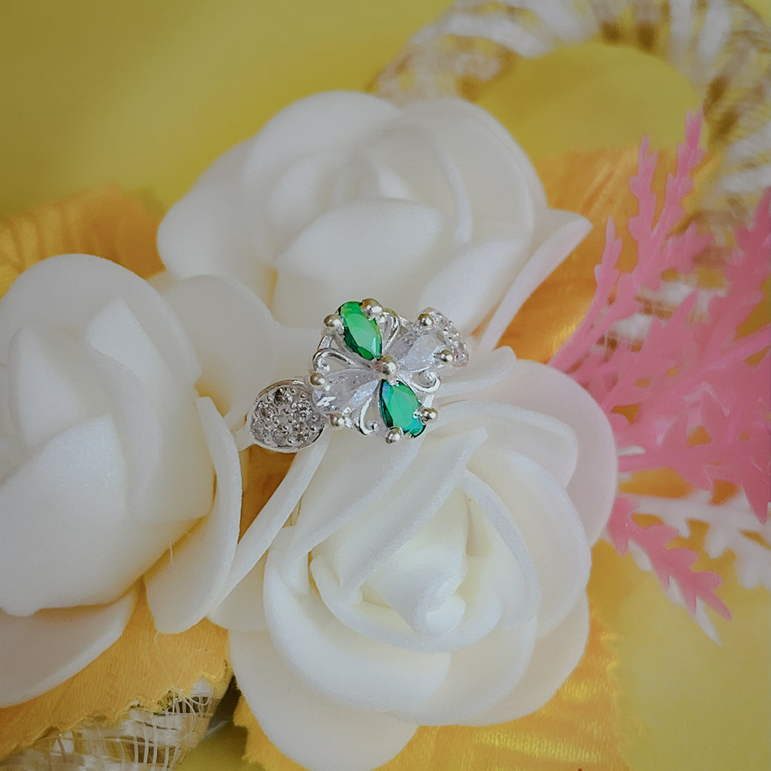 Silver Flower Ring with Green & White Stones | Silver Ring by CLS Jewels