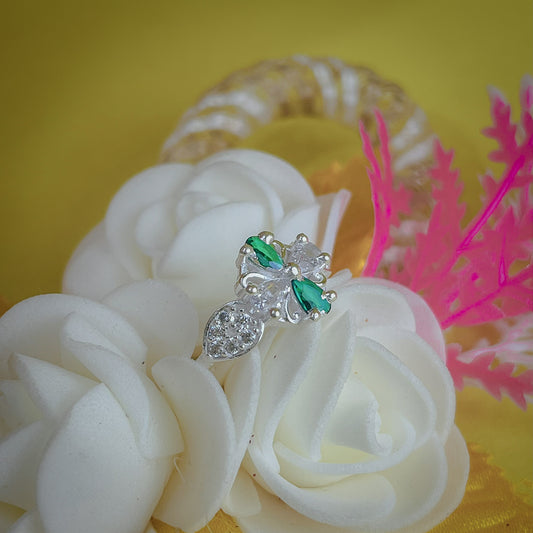 Silver Flower Ring with Green & White Stones | Silver Ring by CLS Jewels