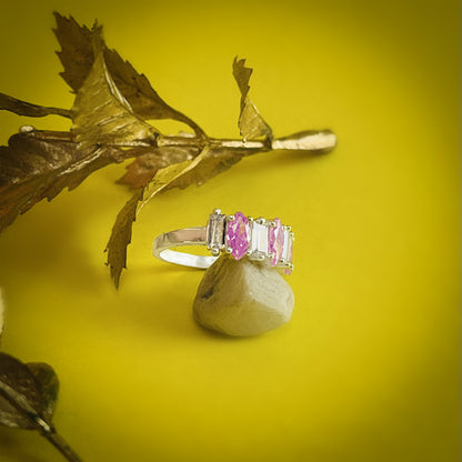 Stylish Silver Ring with Pink and American Diamond Stones