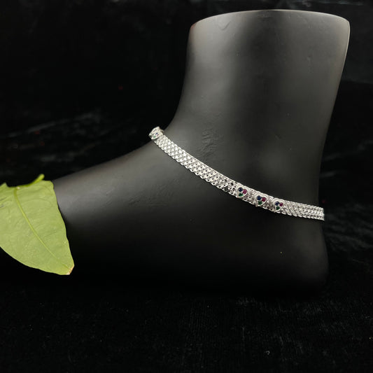 Silver Heart Payal(Anklet) with Colored Stone Detailing