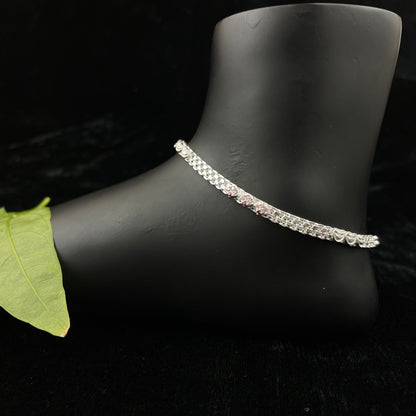 Silver Payal(Anklet) with Pink Stone Detailing