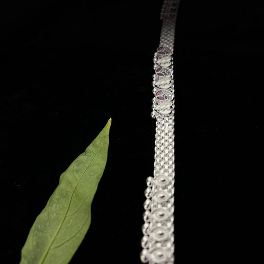 Silver Payal(Anklet) with Heart Motif & Dual-Tone Gem Detailing