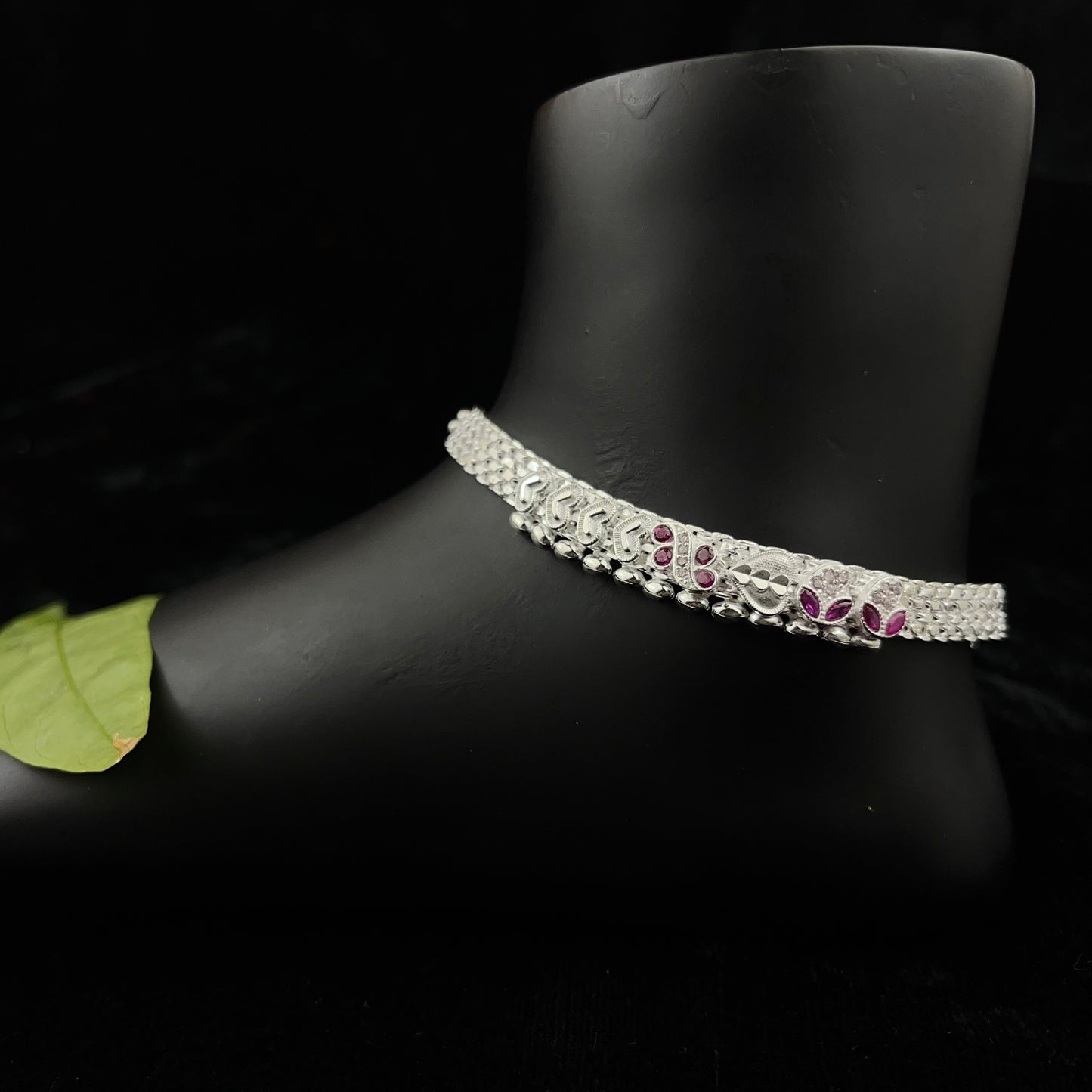 Silver Payal(Anklet) with Paisley & Magenta Stone Accents