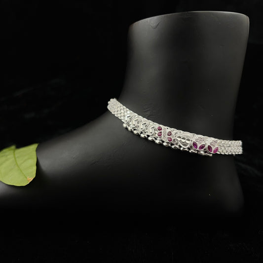 Silver Payal(Anklet) with Paisley & Magenta Stone Accents