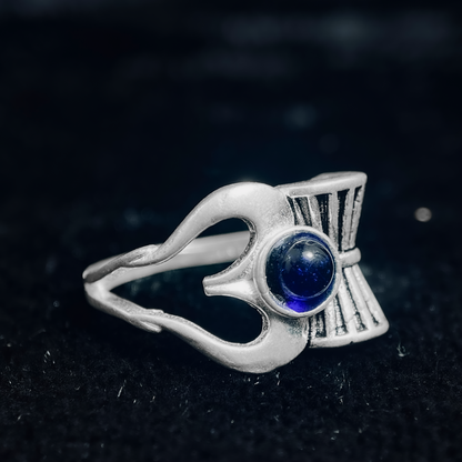 Men's Spiritual Lord Shiva Trishul Damru Silver Ring with Blue Stone / Rudraksha Bead - Adjustable Divine Ring for Men
