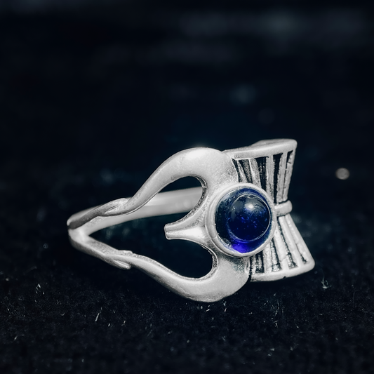 Men's Spiritual Lord Shiva Trishul Damru Silver Ring with Blue Stone / Rudraksha Bead - Adjustable Divine Ring for Men