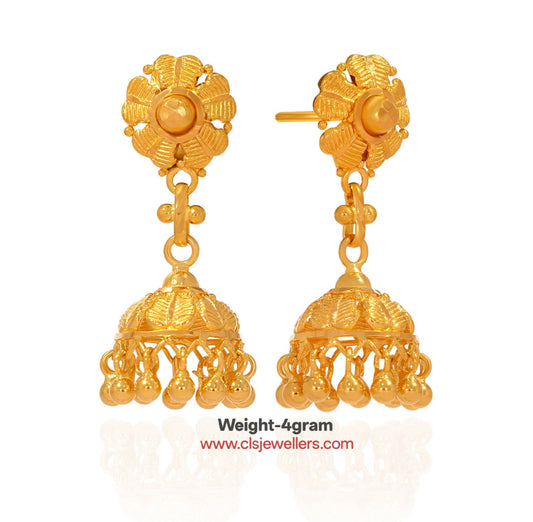 22K Gold Floral Jhumka Earrings for Women | Traditional Hanging Jhumki | Lightweight 4 Gram