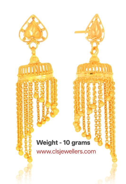 22K Gold Long Chain Tassel Jhumka Earrings for Women | Designer Statement Hanging Earrings | 10 Gram