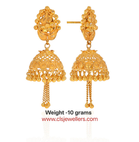 22K Gold Designer Filigree Jhumka Earrings for Women | Traditional Hanging Tassel Jhumki | 10 Gram
