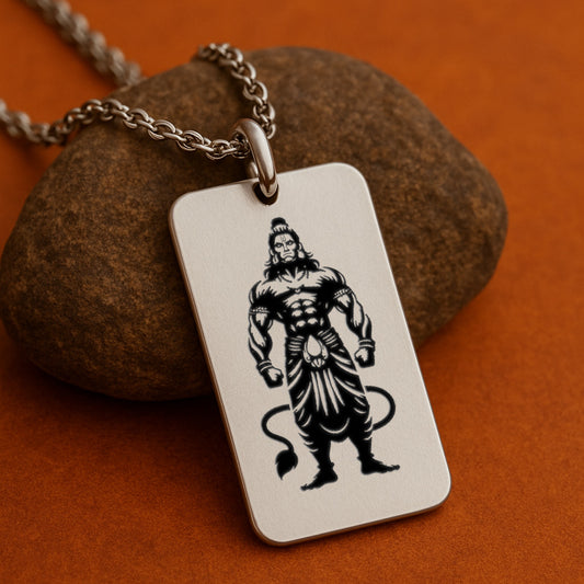 Sterling Silver Hanuman Ji Pendant – Rectangular with Fine Engraving